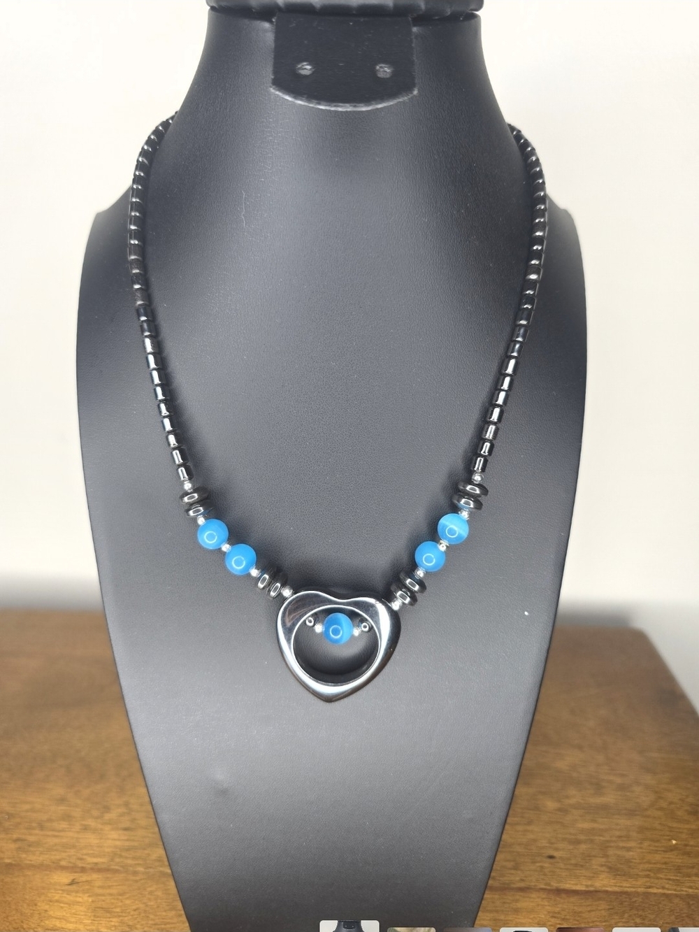 Vintage Hematite Stone Necklace With Open Heart Pendant & Blue Glass Stones